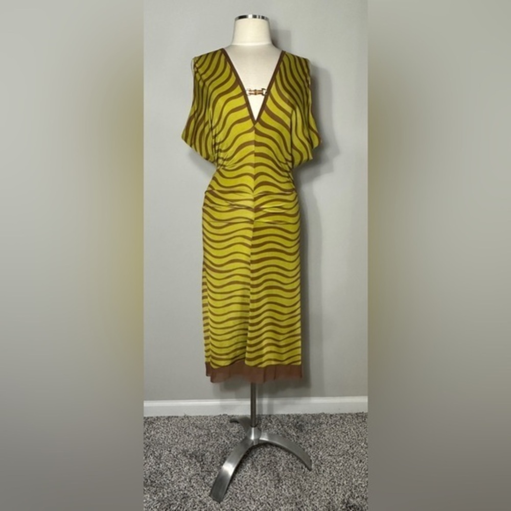 Scoop LLC Green & Brown Wave Print Bamboo Accent Midi Dress – Size Medium (NWT)
